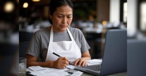 Photo showing concerned restaurant owner as she calculates he massive hidden costs of 3rd party delivery apps